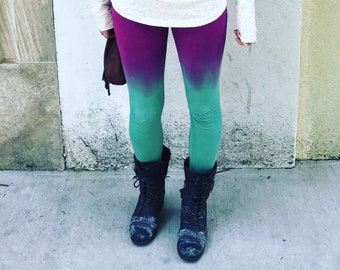 S-M LONG - Tie Dye Yoga Leggings: Aqua Purple High Waist Cotton Lycra