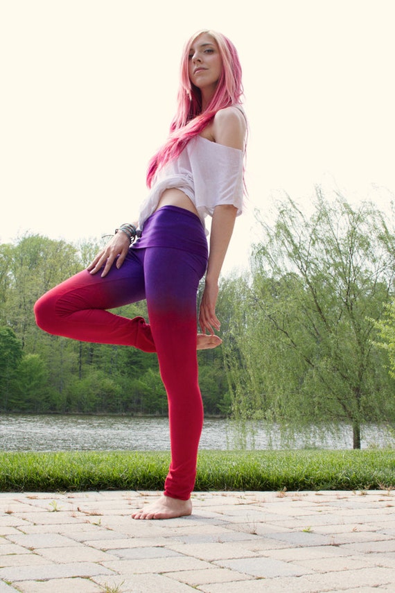 Long Yoga Leggings, High Waist Leggings, Red and Purple, Yoga Leggings, Tie  Dye, Ombre, by Ombeautiful 