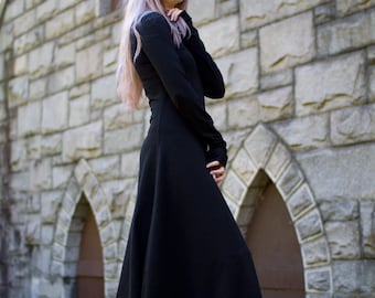 Black Cotton Lycra Maxi Dress, Gothic Witch Dress, Everyday Goth