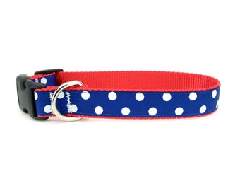 Summer Polka Dot Dog Collar, Blue and white dots on Red, Adjustable, and Durable Pet Accessory for you Pups! 4th of July Dog Collar.