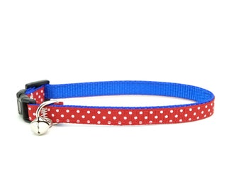 Cat Collar - Red Dots on Blue Cat Collar - Breakaway Safety Cat Collar - Kitten Collar - Polka dot Cat collar - Red Cat collar