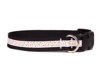 Stylish Black Dog Collar with Pink, Black, Orange and Green Confetti Speckles
