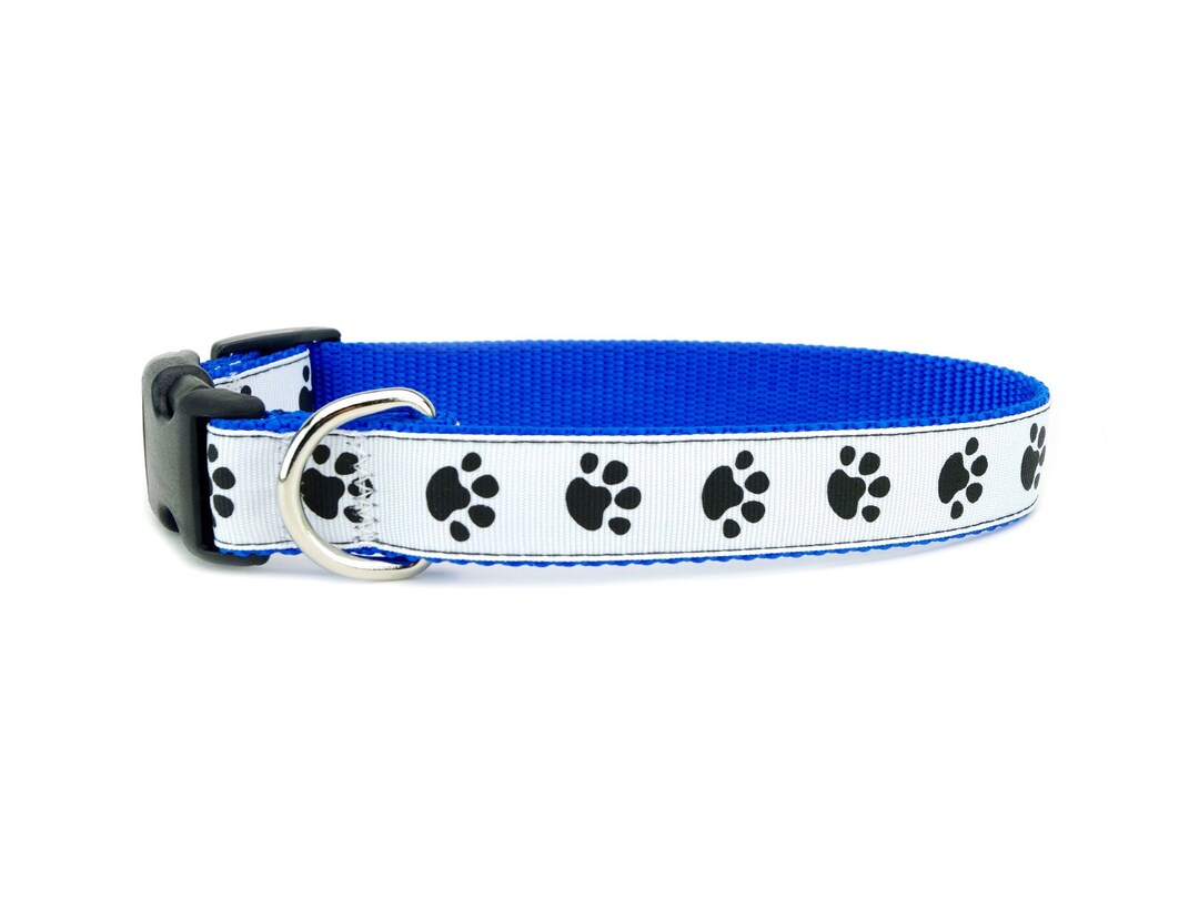 Paw Print Dog Collar Black and White Paws on Blue Big Dog Collar Paw