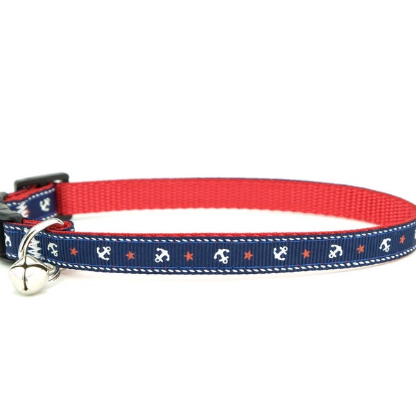 Nautical Cat Collar - Anchors on Red or Blue - Breakaway Cat Collar - Kitten collar - Ocean Cat Collar - Beach Cat Collar