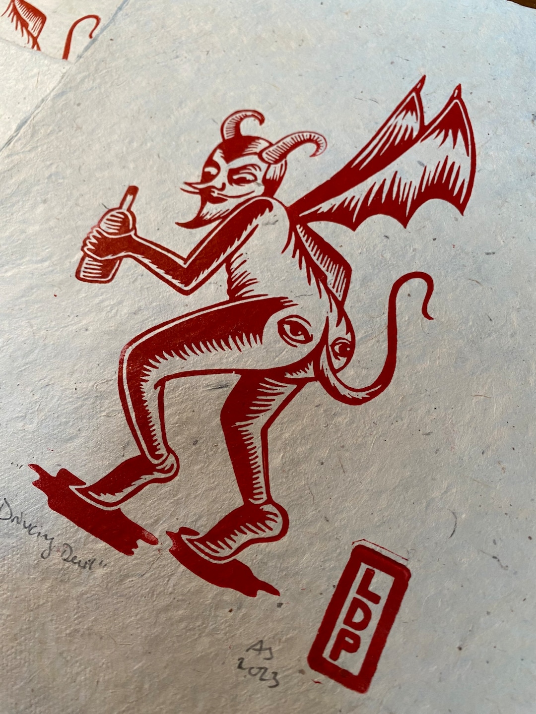 The Drinking Devil Linocut Block Print Etsy