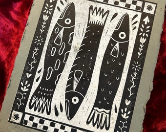 Folksy Fish Linocut Block Print- Olive