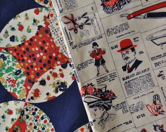 1970s Fabric Pieces Edwardian Newspaper Print Patchwork