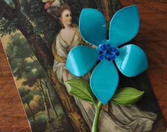 Vintage Blue Enamel Flower Brooch