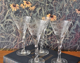 Vintage Floral Etched Liqueur Glasses
