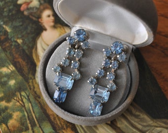 1950s Blue Rhinestone Dangle Earrings