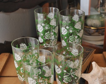 Mid Century Green and White Clover Glasses