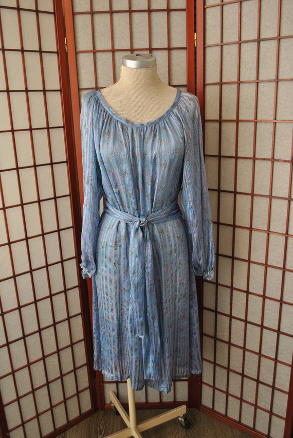 1970s Ethereal Silk Bird Print Dress