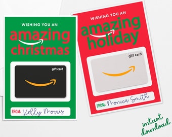 May include: Two gift cards with holiday greetings. One green card says "Wishing you an amazing Christmas" and the other red card says "Wishing you an amazing holiday." Both cards have a gift card design with the Amazon logo and a name.
