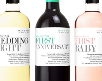 Wedding Milestone Wine Labels - Year of Firsts Engagement Wine Labels - Custom Champagne Labels - Personalized Engagement Gifts for Couple