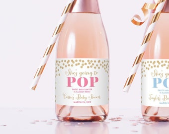 She's Going To Pop Baby Shower Favors - Mini Champagne Bottle Labels for Baby Shower - Baby Sprinkle Favor - Baby Shower Wine Label Stickers