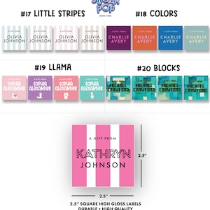 Puede incluir: Un conjunto de etiquetas brillantes cuadradas de 2,5 pulgadas con varios dise&ntilde;os. Las etiquetas presentan diferentes colores, patrones y texto. El texto incluye nombres como Olivia Johnson, Charlie Avery, Sophia Alexander y Michael Crawford. Las etiquetas son duraderas y de alta calidad.
