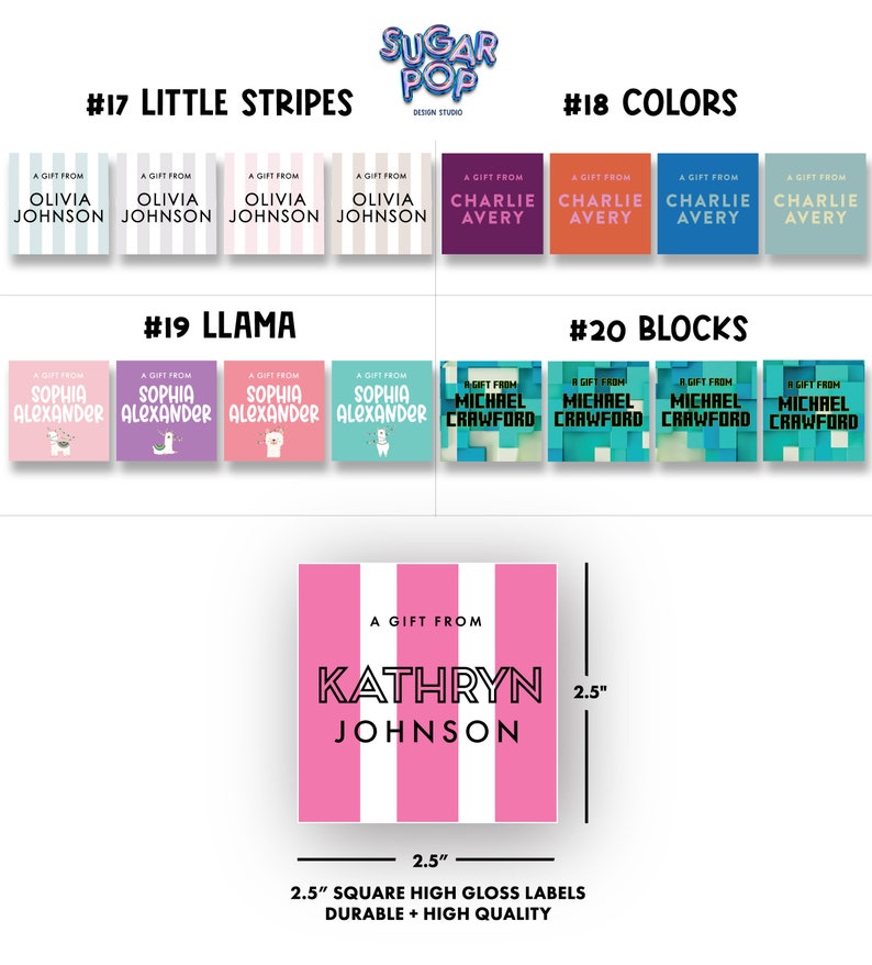 Puede incluir: Un conjunto de etiquetas brillantes cuadradas de 2,5 pulgadas con varios dise&ntilde;os. Las etiquetas presentan diferentes colores, patrones y texto. El texto incluye nombres como Olivia Johnson, Charlie Avery, Sophia Alexander y Michael Crawford. Las etiquetas son duraderas y de alta calidad.