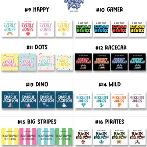 Puede incluir: Un conjunto de 16 etiquetas de regalo coloridas con diferentes dise&ntilde;os y nombres. Las etiquetas est&aacute;n numeradas del 9 al 16 e incluyen dise&ntilde;os como feliz, jugador, puntos, coche de carreras, dinosaurio, salvaje, rayas grandes y piratas.