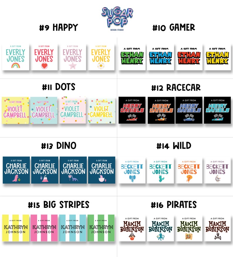 Puede incluir: Un conjunto de 16 etiquetas de regalo coloridas con diferentes dise&ntilde;os y nombres. Las etiquetas est&aacute;n numeradas del 9 al 16 e incluyen dise&ntilde;os como feliz, jugador, puntos, coche de carreras, dinosaurio, salvaje, rayas grandes y piratas.