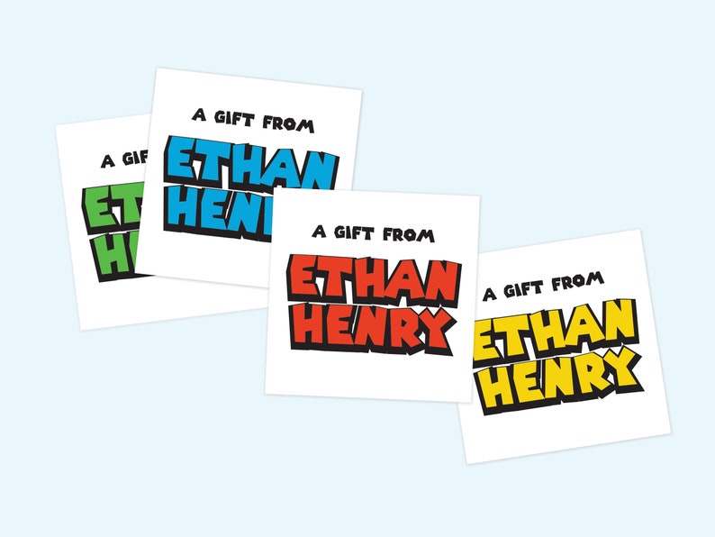 Puede incluir: Tres etiquetas de regalo con el texto "Un regalo de Ethan Henry" en diferentes colores. La primera etiqueta tiene texto azul y rojo, la segunda etiqueta tiene texto rojo y amarillo, y la tercera etiqueta tiene texto amarillo y verde.