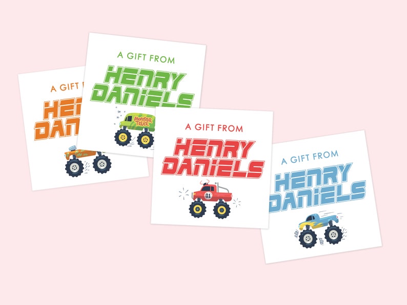 Puede incluir: Tres etiquetas de regalo con tem&aacute;tica de monster truck. Cada etiqueta tiene un monster truck de diferente color y el texto "A Gift From Henry Daniels".