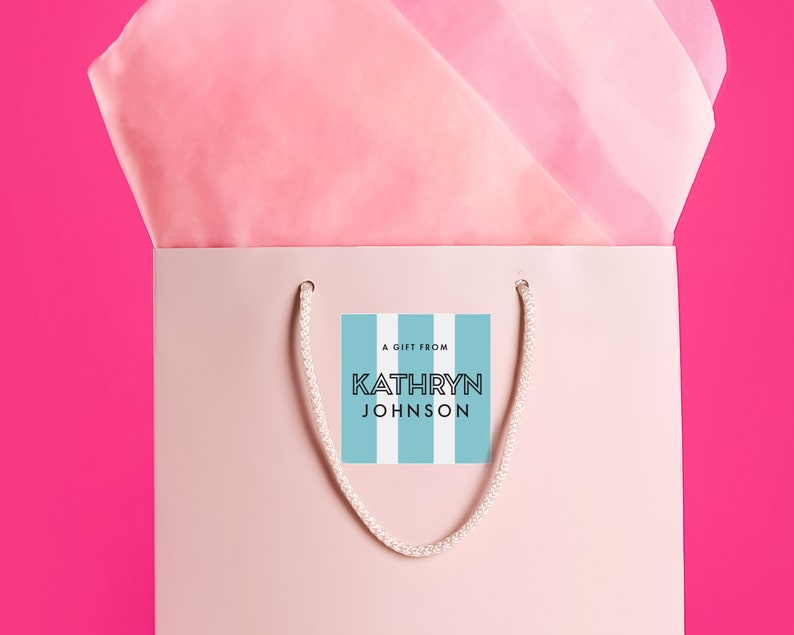 Puede incluir: Una bolsa de regalo rosa con un asa de cuerda blanca. Una etiqueta de regalo a rayas azules y blancas est&aacute; unida a la bolsa con el texto "Un regalo de Kathryn Johnson".