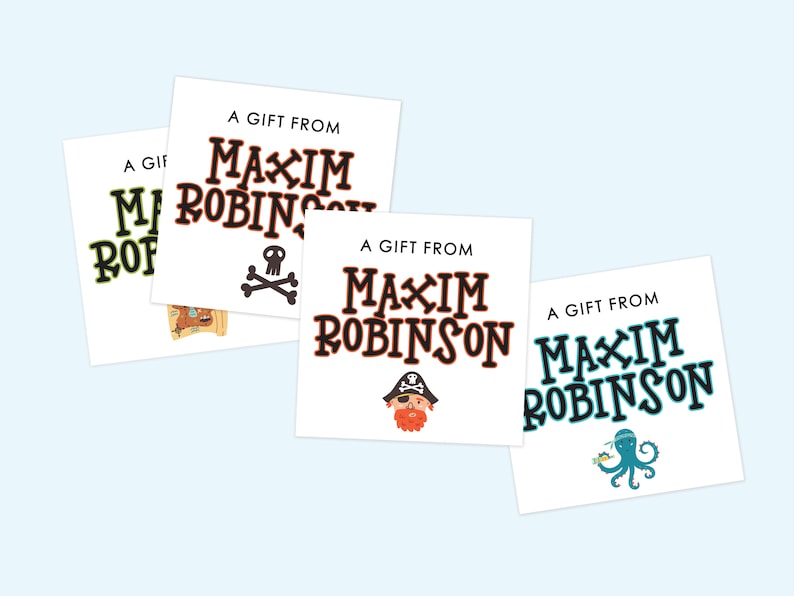 Puede incluir: Tres etiquetas de regalo blancas con texto negro que dice "A Gift From Maxim Robinson". Cada etiqueta tiene una ilustraci&oacute;n diferente con tem&aacute;tica pirata: una calavera y huesos cruzados, un capit&aacute;n pirata y un pulpo.