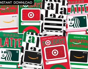 Könnte beinhalten: Eine Sammlung von Geschenkkarten zum Thema Feiertage mit verschiedenen Designs. Die Karten zeigen Logos für Amazon, Target, Sephora und Starbucks. Der Text enthält "Happy Holidays", "Fa La La La La Latte" und "Wishing you an amazing Christmas."