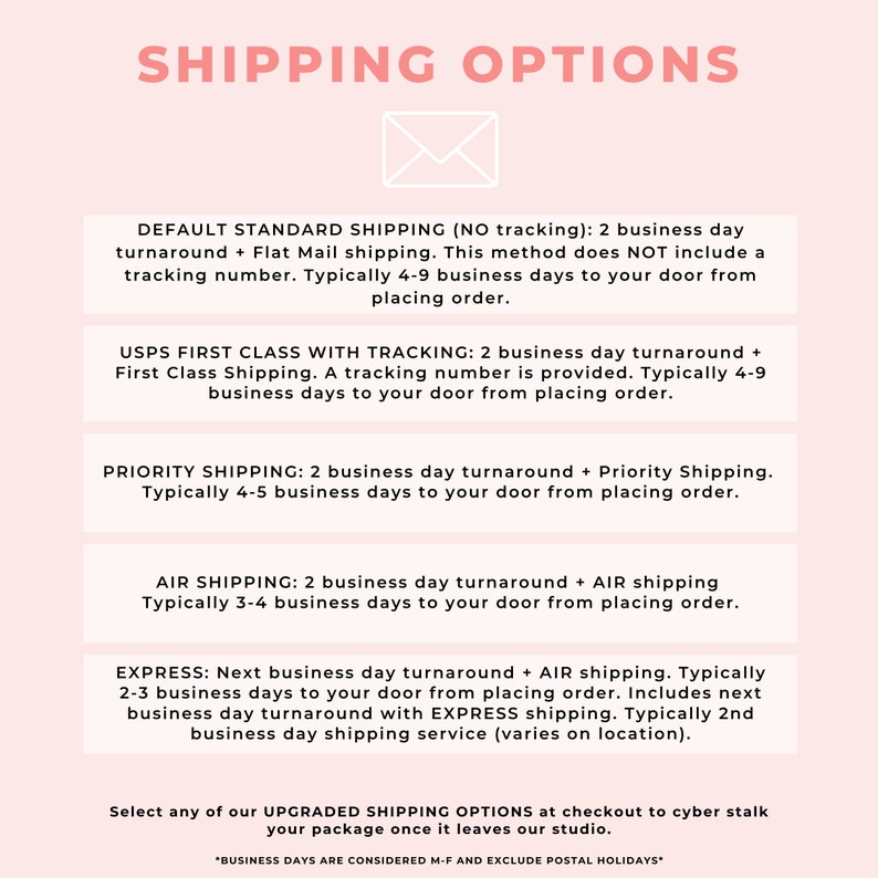 Puede incluir: Un gr&aacute;fico rosa y blanco con el texto "SHIPPING OPTIONS" en negrita, letras negras. El gr&aacute;fico enumera diferentes opciones de env&iacute;o con sus tiempos de entrega estimados. Las opciones incluyen: Env&iacute;o est&aacute;ndar predeterminado, USPS First Class con seguimiento, Env&iacute;o prioritario, Env&iacute;o a&eacute;reo y Expreso.