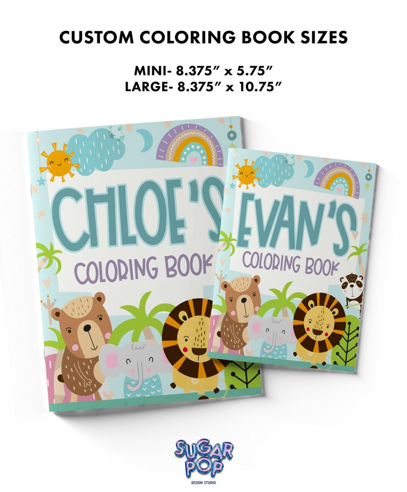 May include: Two personalised colouring book covers with a blue background. The covers feature a rainbow, clouds, and a sun. The first cover says "Chloe's Colouring Book" and the second cover says "Evan's Colouring Book". Both covers feature a bear, lion, and elephant.