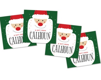 May include: Four Christmas gift tags with a Santa Claus design. Each tag features a green background with white snowflakes, a Santa face, and the text "A Gift From Calhoun."
