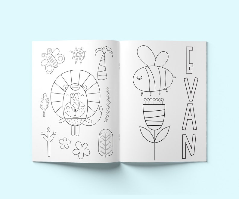 May include: A black and white colouring book page featuring a lion, a bee, a flower, and the name "Evan".