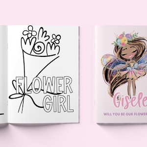 May include: A printable coloring book with a flower girl theme. The cover features a cartoon illustration of a girl with brown hair, wearing a pink dress and a flower crown. The text on the cover reads "Gisele, Will you be our flower girl?"
