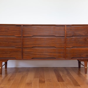 SOLD, SOLD - Stanley 9 drawer walnut and brass dresser *Shipping not included