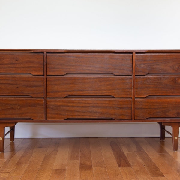 SOLD, SOLD - Stanley 9 drawer walnut and brass dresser *Shipping not included