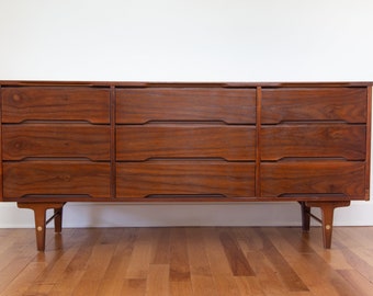 SOLD, SOLD - Stanley 9 drawer walnut and brass dresser *Shipping not included