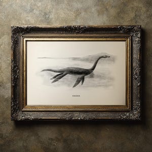 Pode incluir: Ilustra&ccedil;&atilde;o a preto e branco emoldurada do Monstro do Lago Ness, ou Nessie, num lago. A obra de arte est&aacute; numa moldura escura e ornamentada com detalhes dourados. A palavra "NESSIE" est&aacute; impressa na parte inferior.