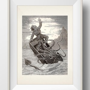 May include: Black and white illustration of a man in a small boat being attacked by a giant squid. The squid's tentacles wrap around the boat, and the man is reaching upwards. The scene is set on the ocean with birds in the sky.
