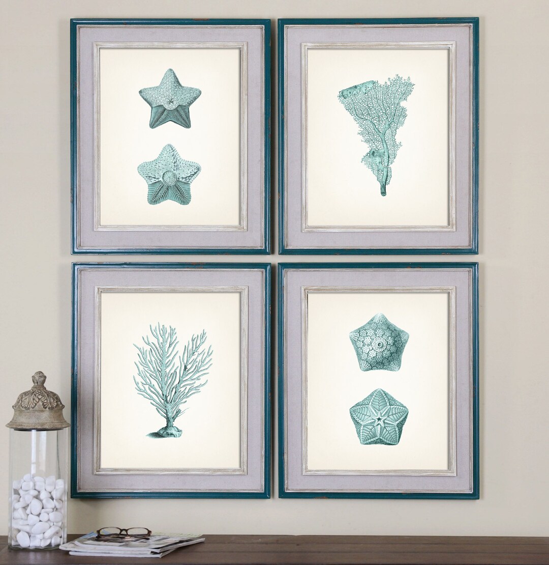 Ocean Vintage Print Set - Blue Starfish and Coral - Fine Art Prints of ...