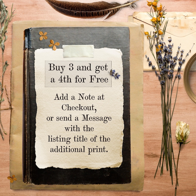 a book with a note attached to it, along with some dried flowers and a feather on a wooden surface.