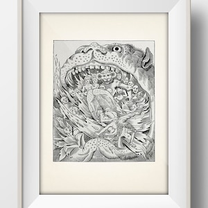May include: A black and white woodcut illustration of a monstrous creature with its mouth open, revealing a scene of chaos and struggle within. People are trapped inside the creature's mouth, some trying to escape, others being consumed.