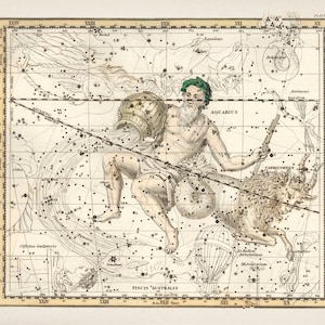 Capricorn & Aquarius Zodiac Sign Constellation - AS-21 -Fine art print of a vintage scientific or pseudoscience astronomy illustration