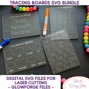 Bundle Set Tracing Board SVGs | Reuseable Practice Board | Dry Erase | Digital Cut File | Glowforge | SVG File | Letters Numbers Name Shapes