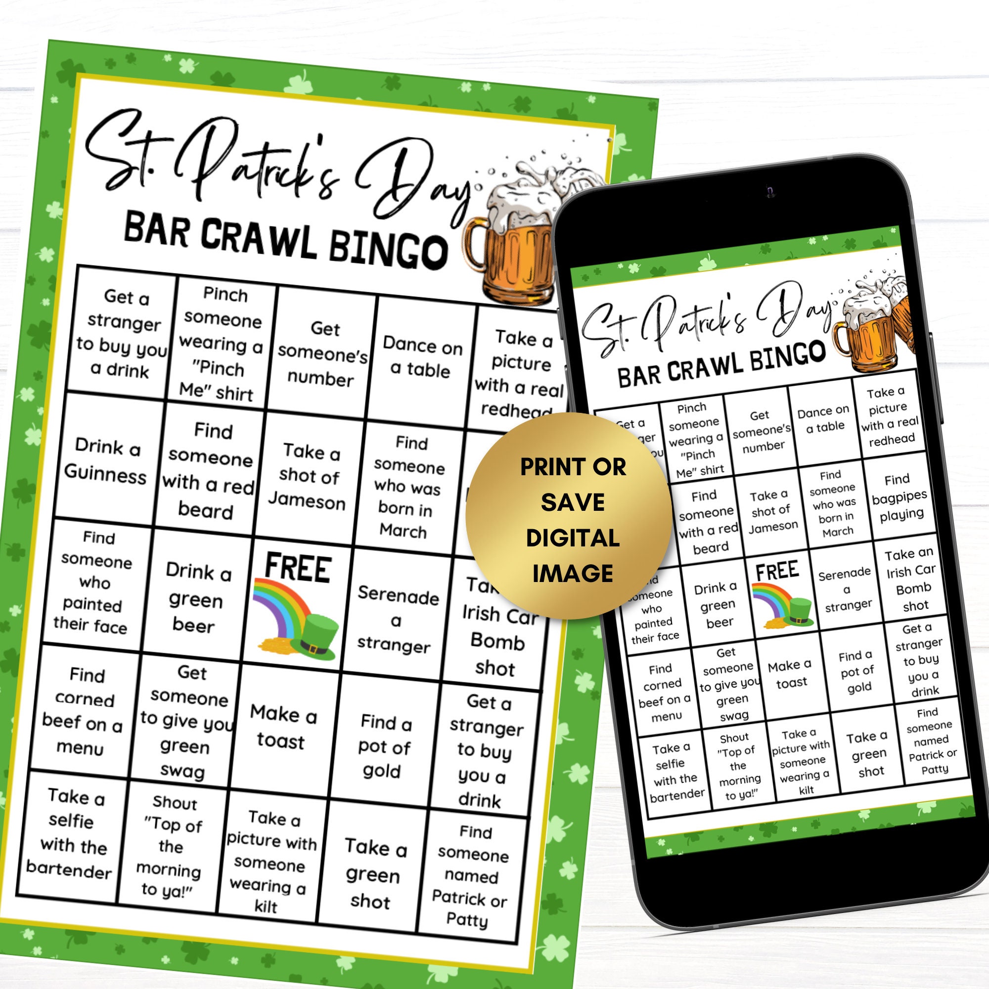 St. Patrick's Day Bar Bingo, Printable Digital Bingo, Fun Bar Crawl