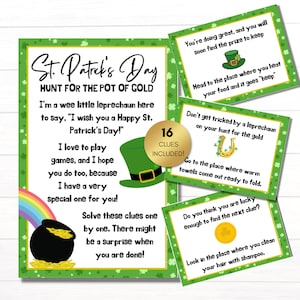 May include: A St. Patrick's Day scavenger hunt game with 16 clues. The game includes a green leprechaun hat, a pot of gold, and a rainbow. The text on the card reads "St. Patrick's Day Hunt for the Pot of Gold".