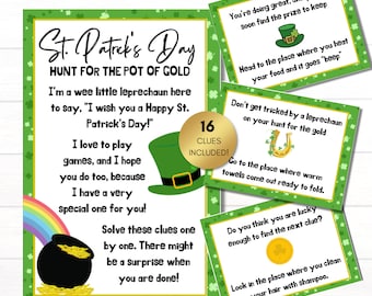 Búsqueda del tesoro imprimible del Día de San Patricio, Juego de búsqueda del oro del Día de San Patricio, Juego de fiesta de San Patricio, Búsqueda del tesoro para niños, Pistas para interiores