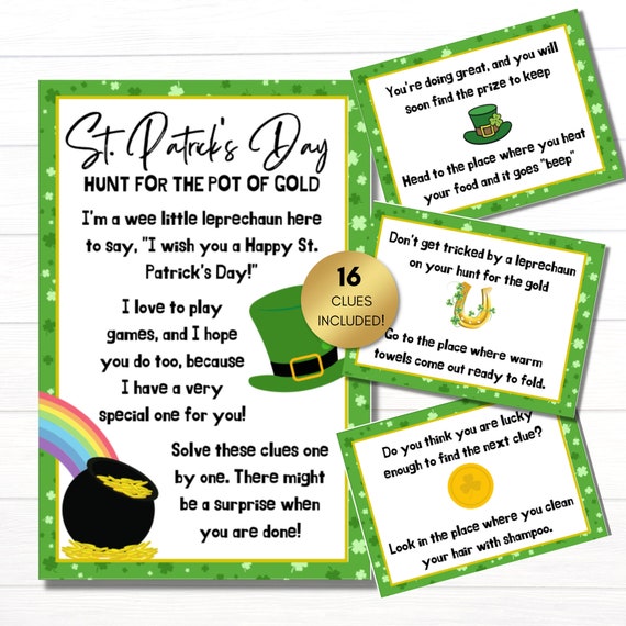 St Patrick's Day Scavenger Hunt Printable, Hunt For Gold St. Patrick's Day Game, St Patrick's Party Game, Kids Treasure Hunt, Indoor Clues