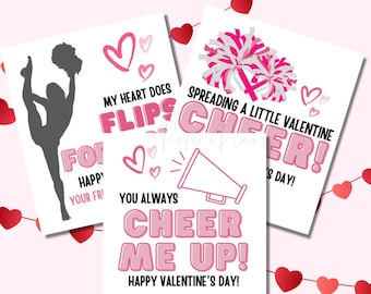 Printable Kids Valentine Exchange Cards, Cheer Girls Valentines, School Valentine Cards, Cute Cheerleading Cards, Write On Cards, Classroom