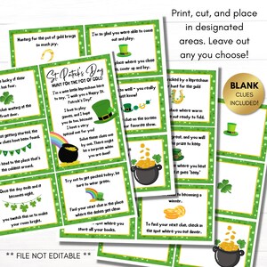 May include: A set of 10 green and gold St. Patrick's Day themed game cards with a leprechaun, pot of gold, shamrocks, and horseshoe graphics. The cards have instructions for a scavenger hunt game with clues to find the pot of gold. The text on the cards reads "St. Patrick's Day Hunt for the Pot of Gold".
