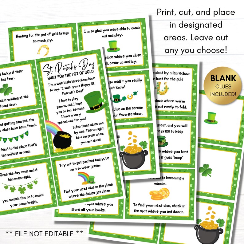 May include: A set of 10 green and gold St. Patrick's Day themed game cards with a leprechaun, pot of gold, shamrocks, and horseshoe graphics. The cards have instructions for a scavenger hunt game with clues to find the pot of gold. The text on the cards reads "St. Patrick's Day Hunt for the Pot of Gold".